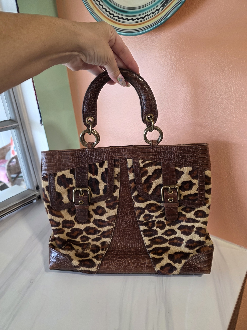 Isabella Fiore Brown Leopard Cowhide Fur Top-Handle Tote Luxury Animal Print Bag - Picture 4 of 16